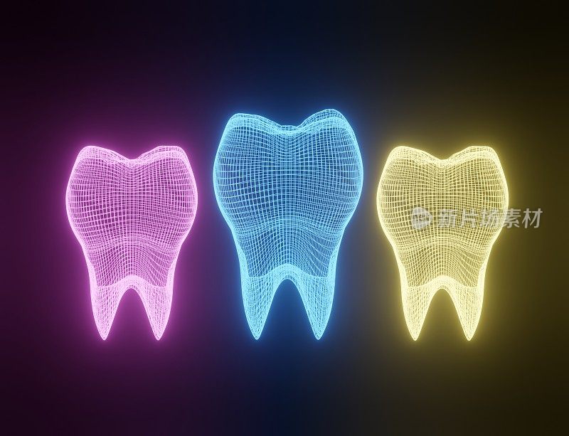 齿线框网格集。霓虹灯网格的牙齿。连接结构。牙科医学，健康理念。三维演示