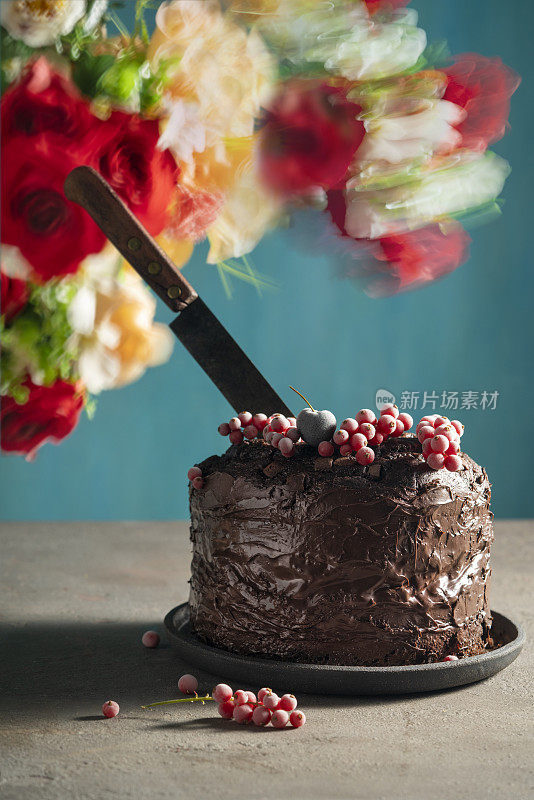 巧克力蛋糕，上面有红醋栗冻浆果和切刀