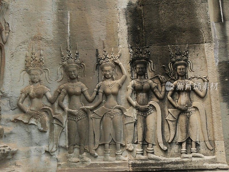 吴哥窟庙宇，Apsara舞蹈家，暹粒省，吴哥窟庙宇建筑群于1192年被联合国教科文组织列为世界遗产，建于第十三世纪，柬埔寨