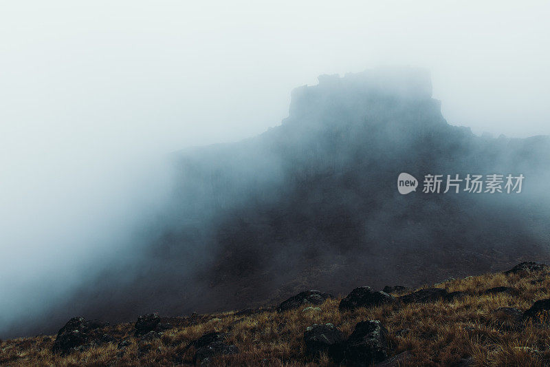 在乞力马扎罗山国家公园，黑暗的山峰在雾中引人注目