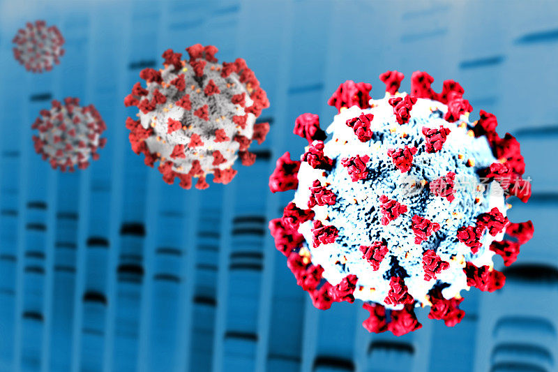 突变变体Covid-19冠状病毒。显示基因突变随红细胞漂浮