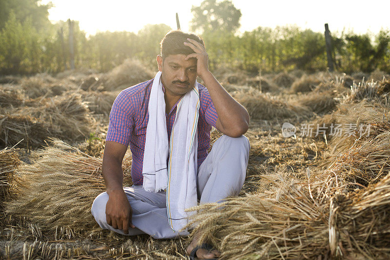 一个愁眉苦脸的可怜农民坐在农田里