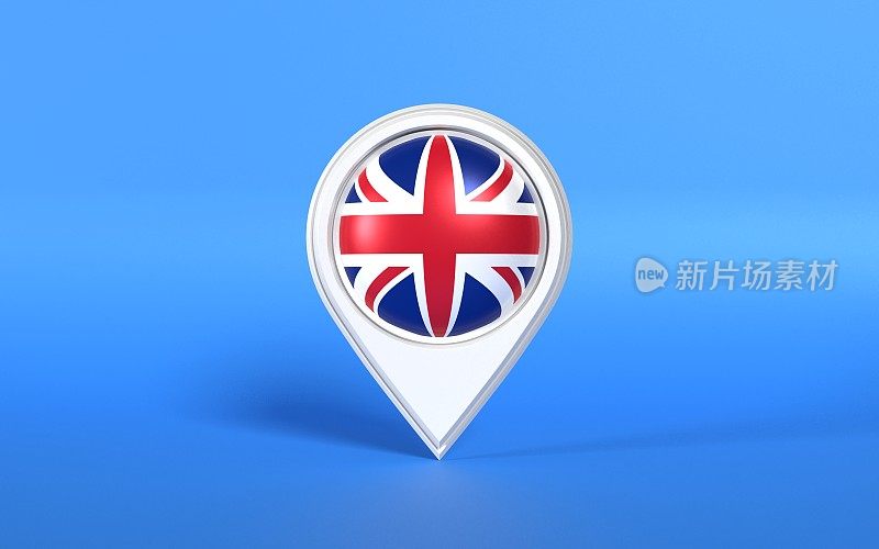 英国国旗在白色地图指针在蓝色背景