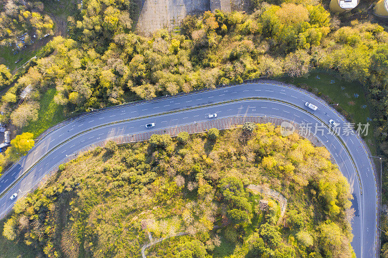 蜿蜒的道路。穿过森林的田园诗般的蜿蜒道路