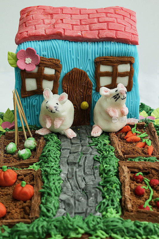 自制的图片，方糖白老鼠除了装饰蛋糕设计成小屋和花园的菜圃，黄油糖霜草与巧克力片和饼干屑土壤蔬菜种植花椰菜和胡萝卜，重点放在前景