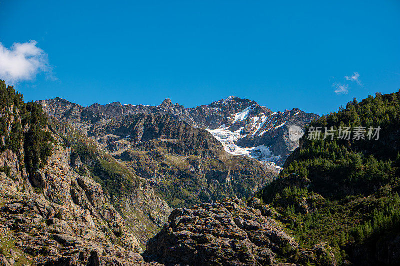 瑞士阿尔卑斯山脉壮丽的风景。夏天，有云，蓝天，没有人。