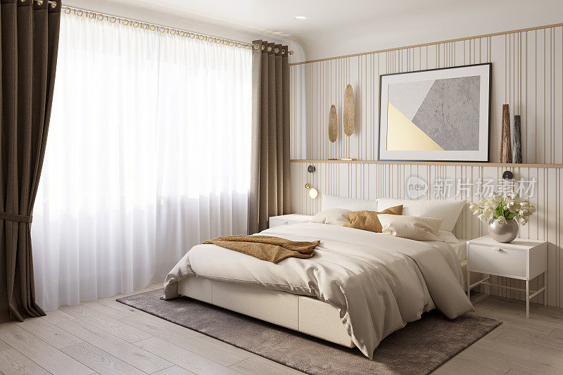 一间现代化的卧室，大窗户上挂着棕色窗帘，床头板上挂着水平海报，床头柜上放着一瓶郁金香，双人床上放着针织枕头，木地板上铺着地毯。