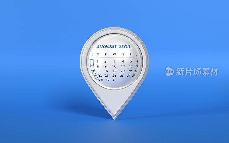 2022年8月日历页在蓝色背景的白色地图指针