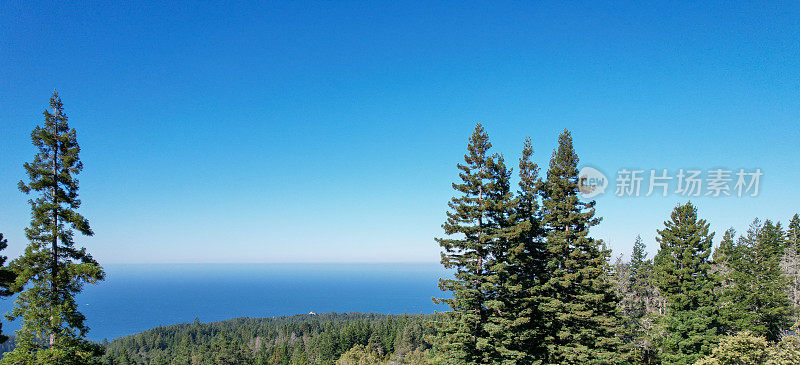 在一个阳光明媚的日子里，无人机拍摄的北加州海岸森林和太平洋。