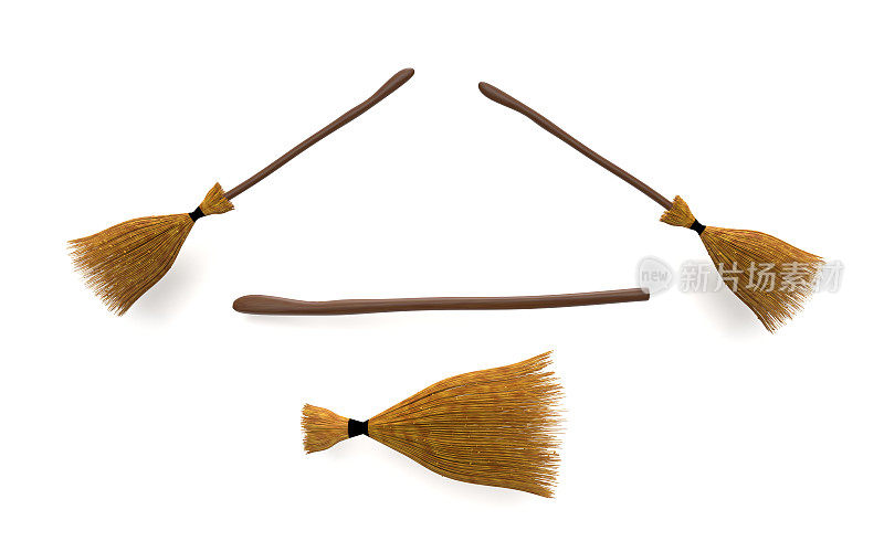 四种不同的姿势和材料女巫扫帚为万圣节白色背景