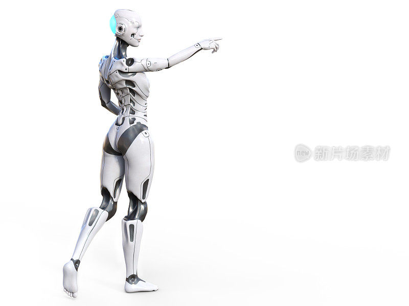 3D渲染的女性机器人指向白色背景。