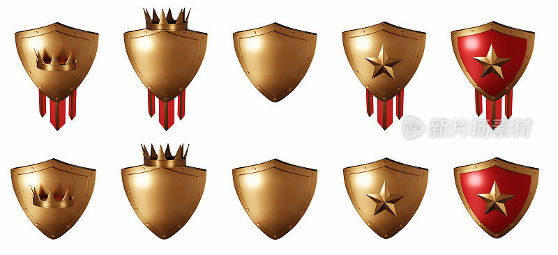 3D青铜盾套，升级游戏徽章，中世纪皇家奖励套件，现实的金属渲染奖杯。