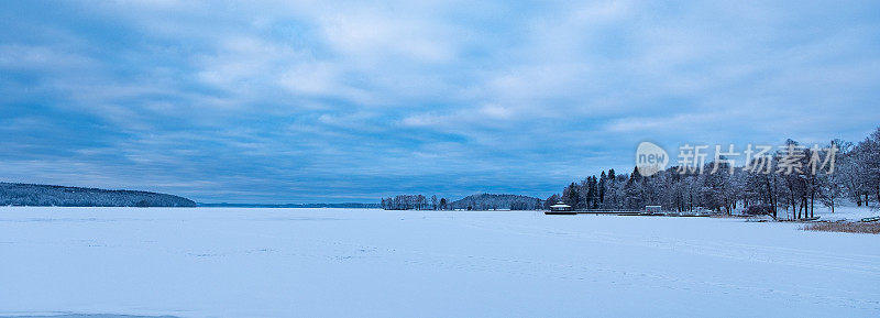 冬季景观，湖泊和湖上的冰。湖上公园里白雪覆盖的树木。