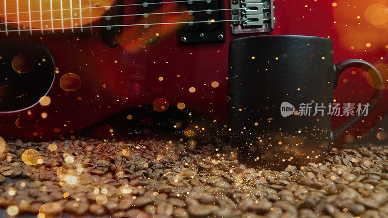 黑色咖啡杯，背景散景，红色电吉他，咖啡豆和漏光作为复古背景。