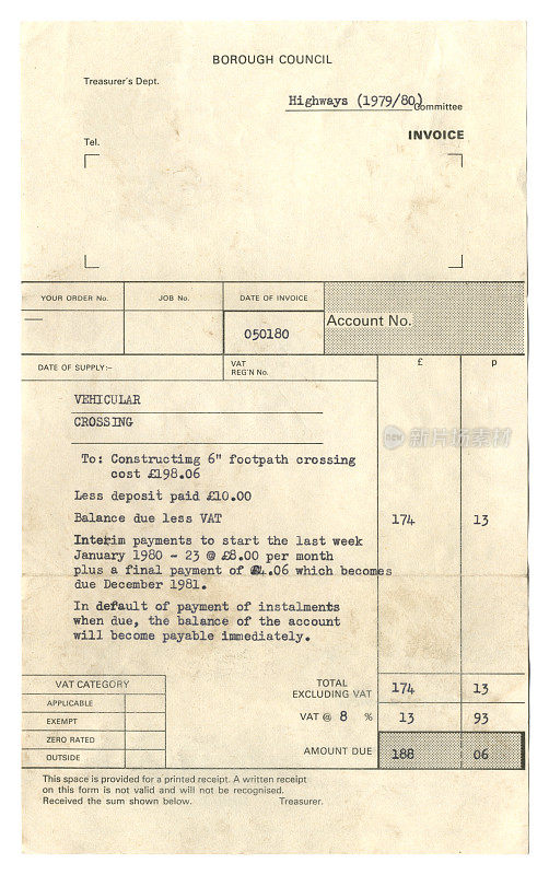 1980年，一个自治市议会为横穿人行道的车道入口开具的发票