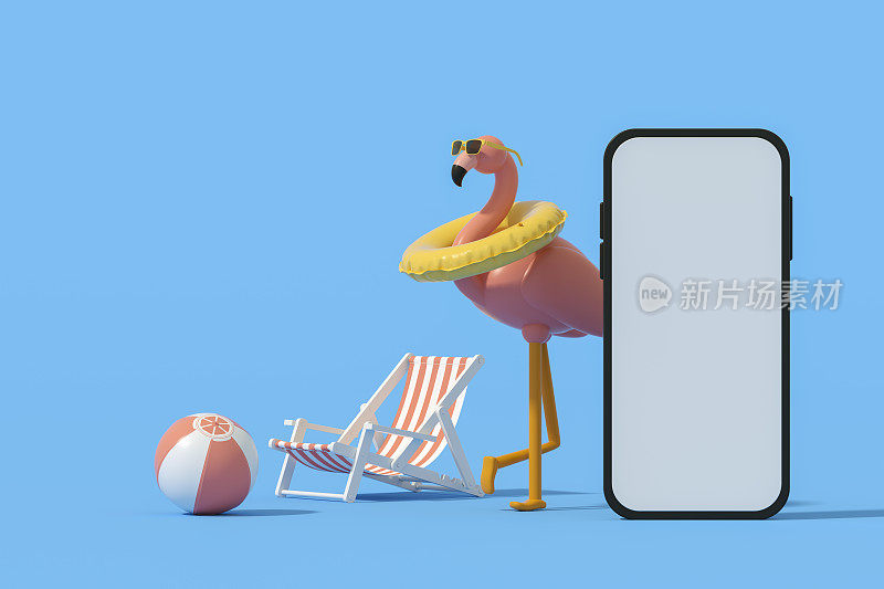 空白屏幕智能手机和充气火烈鸟太阳镜和游泳戒指在蓝色背景最小的夏季旅行假期背景。