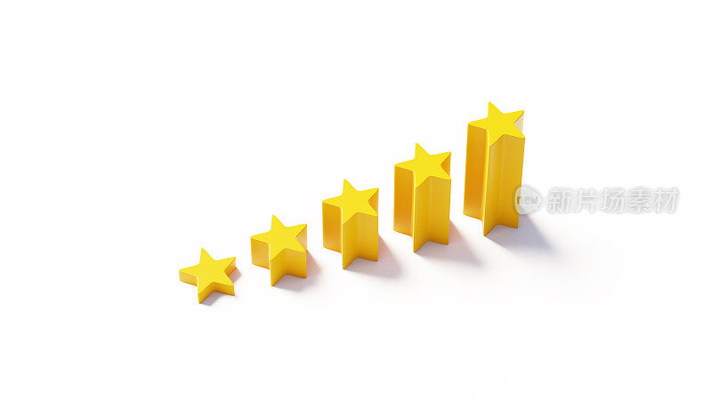 楼梯形状与五星。五颗星。客户对员工的评价反馈。最佳评级，最佳排名，最佳服务，目标，成功理念。三维渲染