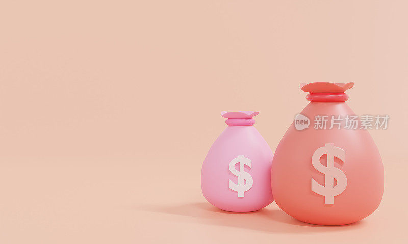 钱包孤立在粉红色的背景。省钱的概念。象征储蓄的目标。投资和商业。金钱管理。储蓄和钱袋图标。Dollar.3D渲染