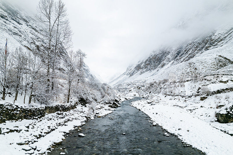 这条河在两座白雪覆盖的山脉之间流动