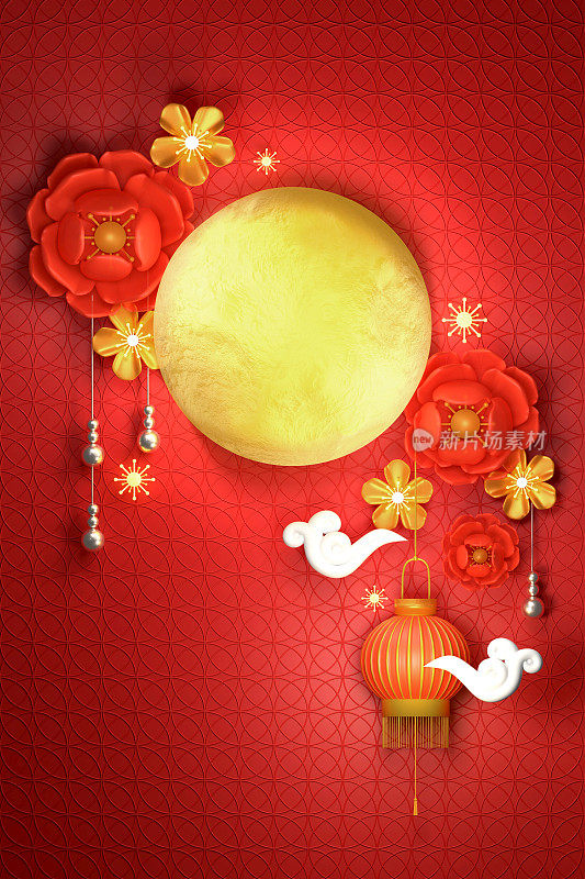 中秋快乐圆月背景。中国红花。中国节日庆祝的概念“恭喜发财”。3D渲染图
