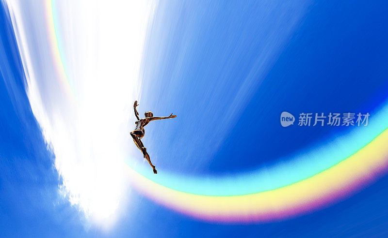 女机器人跳跃蓝天和彩虹
