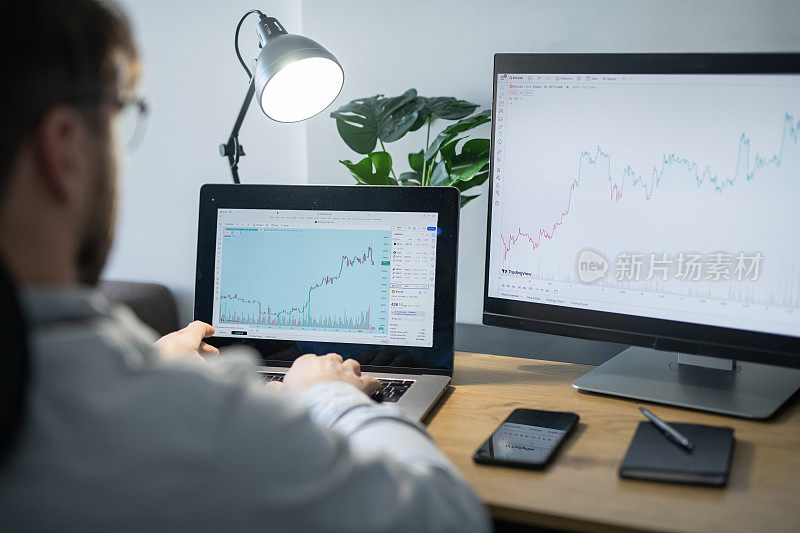 年轻的投资者在家里办公室用笔记本电脑屏幕上的图表分析股市。
