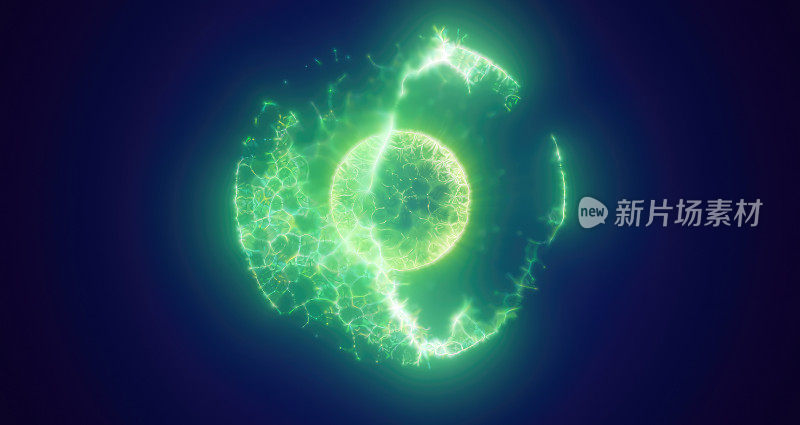 绿色能源魔法圈，球体，球由未来的波和线粒子原子能和电力力场。抽象的背景