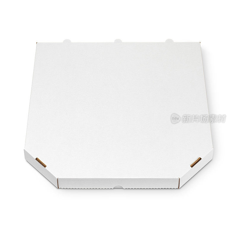 一个封闭的空白白色纸板披萨盒隔离白色。食品要去包装。