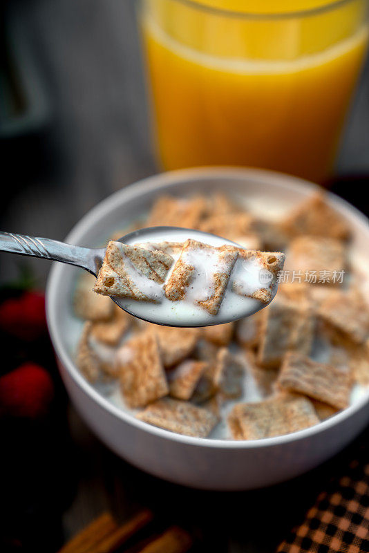 美味的肉桂麦片在全脂牛奶