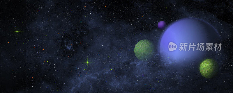 全景空间场景-多彩的行星，恒星，星云-复制空间