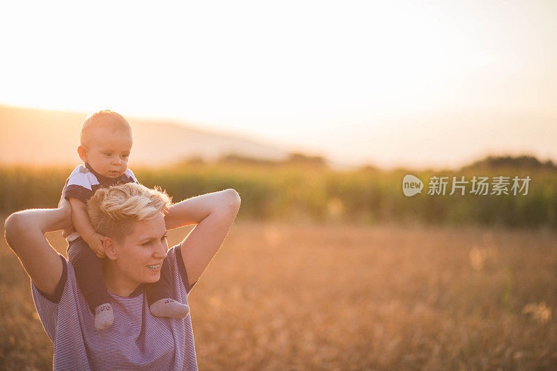 女人抱着孩子在金黄的麦穗地里种庄稼。