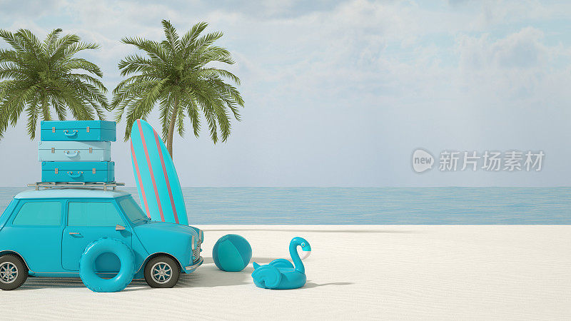 海滩上的汽车和行李，暑假和旅游概念
