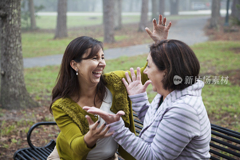 西班牙裔母亲和女儿在公园聊天