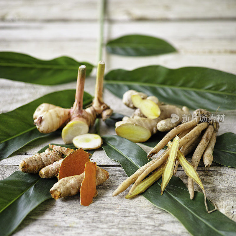 四种泰国食物常用的根茎草本植物。