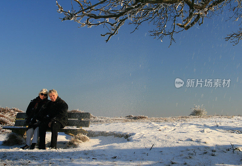 坐在雪地里的老年夫妇