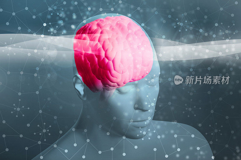 人的头部有可见的大脑和脑电波，连接