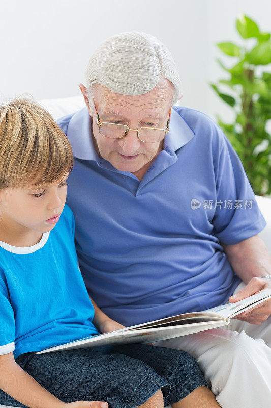 爷爷和他的孙子在读一个故事