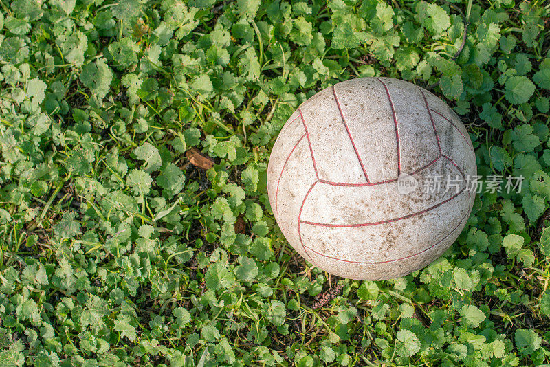 在花园里的草地上放着肮脏的排球。