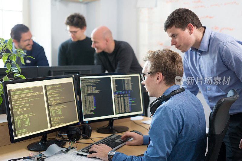 创业，软件开发人员在台式电脑上工作。