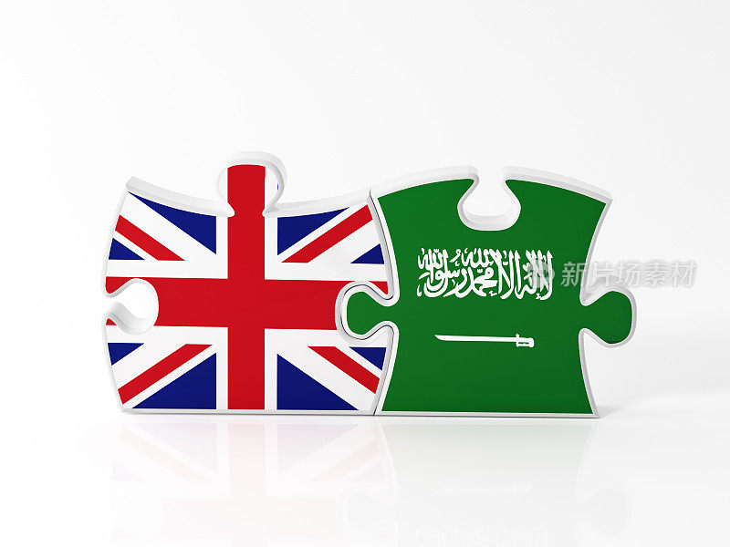 用英国和沙特阿拉伯国旗纹理的拼图碎片