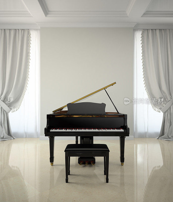 房间古典风格与钢琴3D渲染