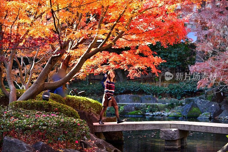 年轻的日本女人走在日本花园的石桥上，东京