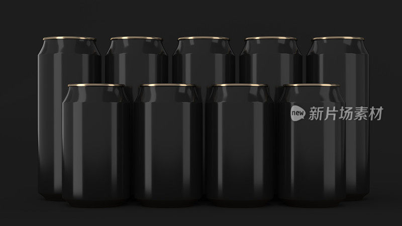 黑色的汽水罐在黑色的背景上排成两排