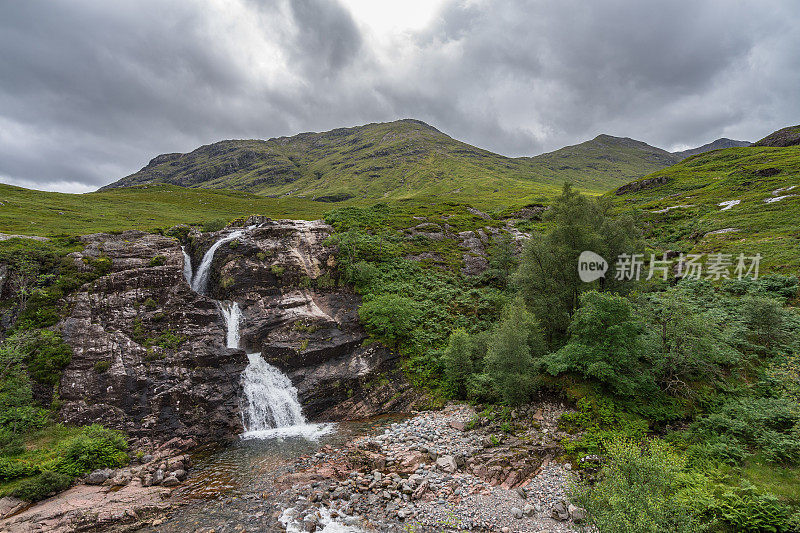 英国苏格兰高地，格伦科三姐妹山脚下的三水瀑布会合