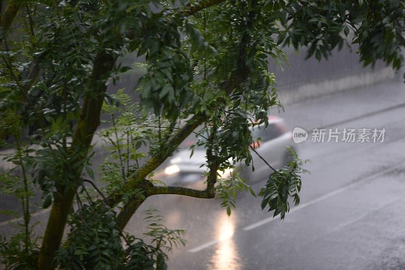 倾盆大雨时汽车在路上行驶