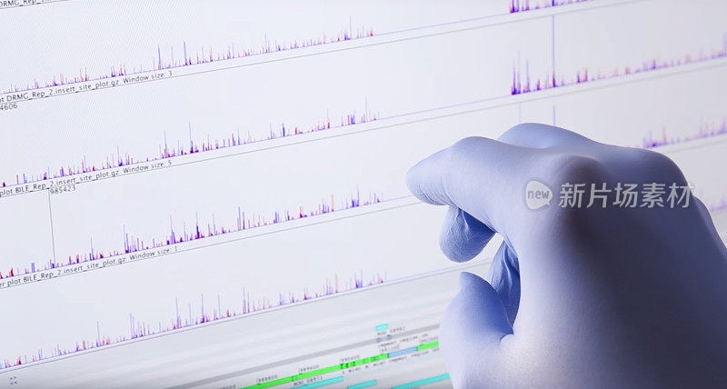 基因组Crispr数据在电脑屏幕上与手。生物学和研究。
