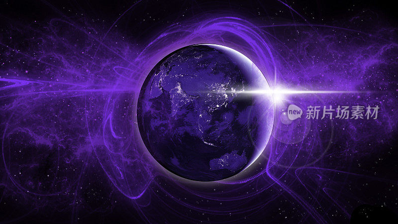 行星与漩涡星云和透镜耀斑外太空-紫色科幻壁纸-幻想行星地球