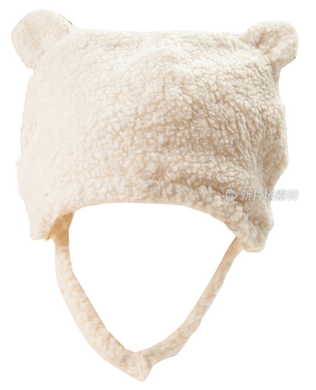 白色针织冬季羊毛帽子与绒球绒球和有趣的耳朵为婴儿