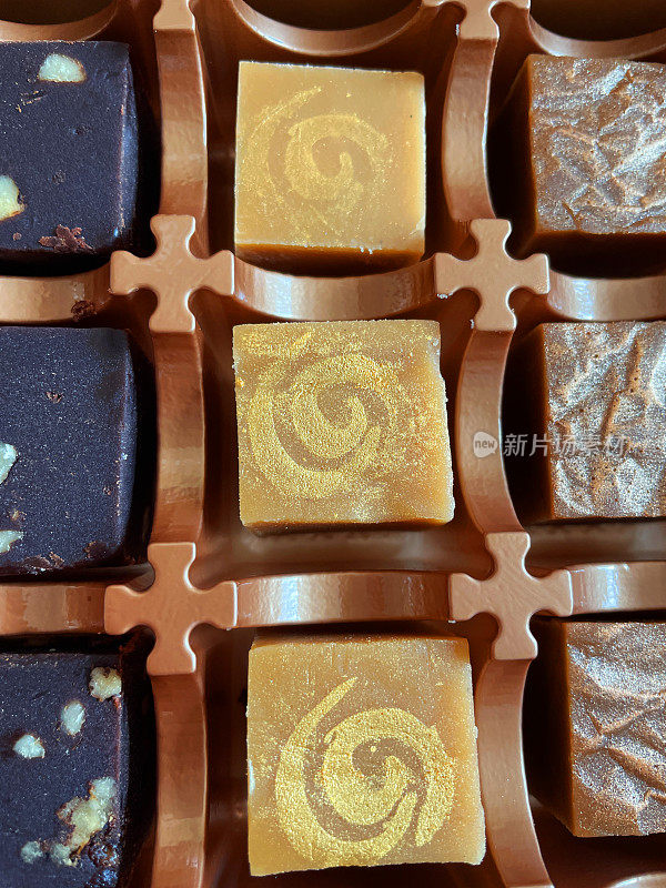 在一个巧克力盒子里，一排排的方形软糖块，巧克力，香草，草莓和凝结奶油的味道，提升视野