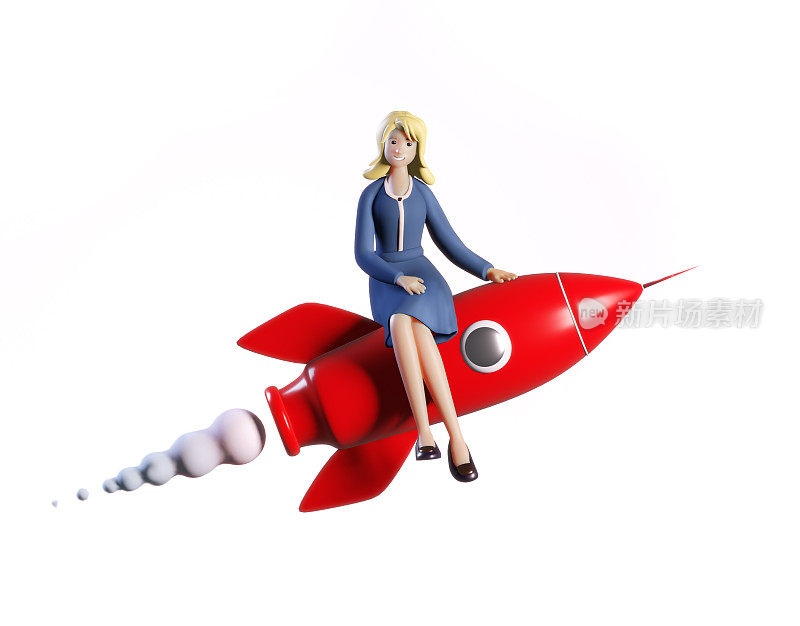 成功的商业女性在火箭上飞行，3D渲染插图。启动，成功，新业务，赢家概念